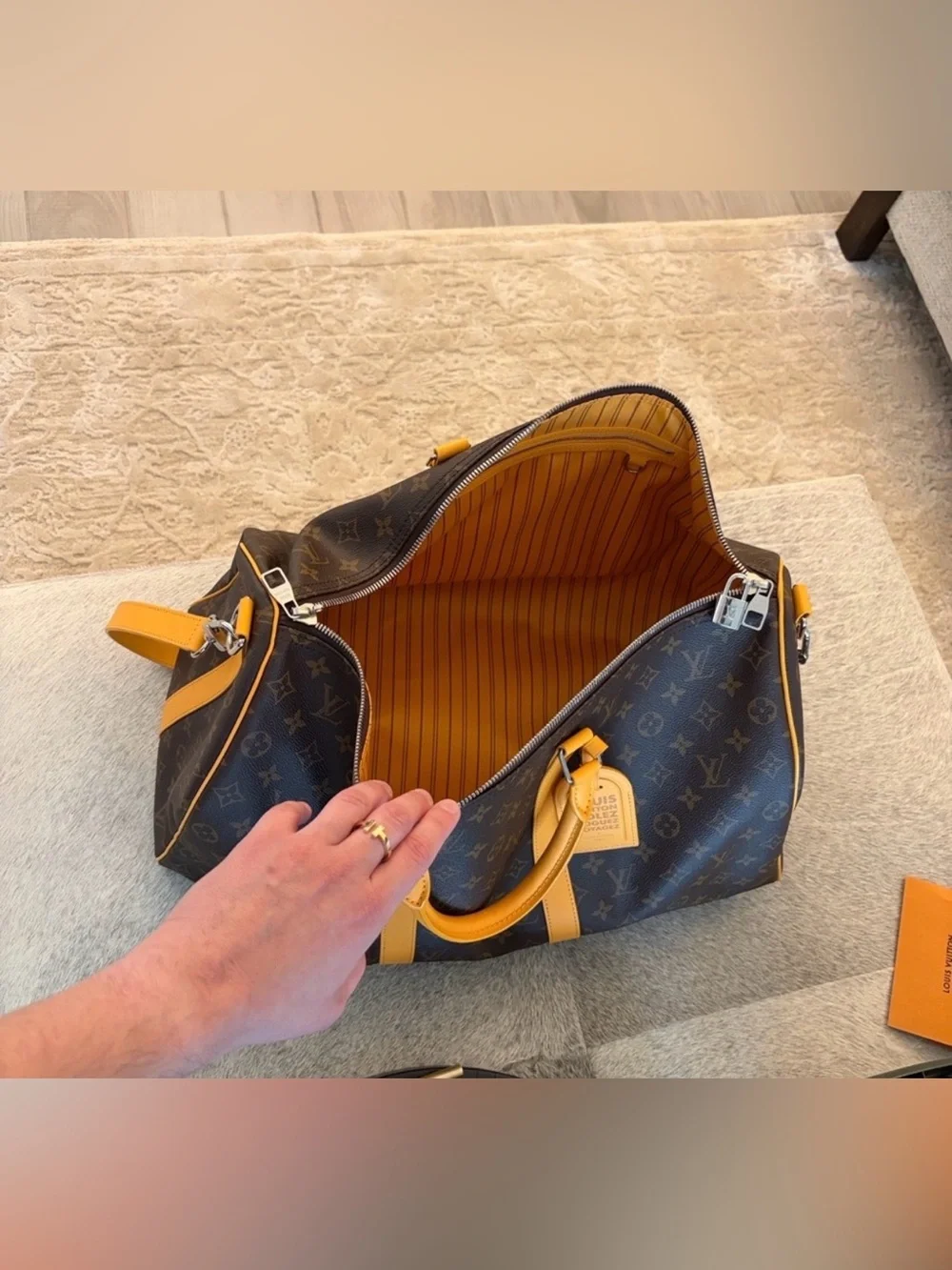 Louis Vuitton Keepall Bandoulière 50 MacassarYellow Leather Trim (M12634)